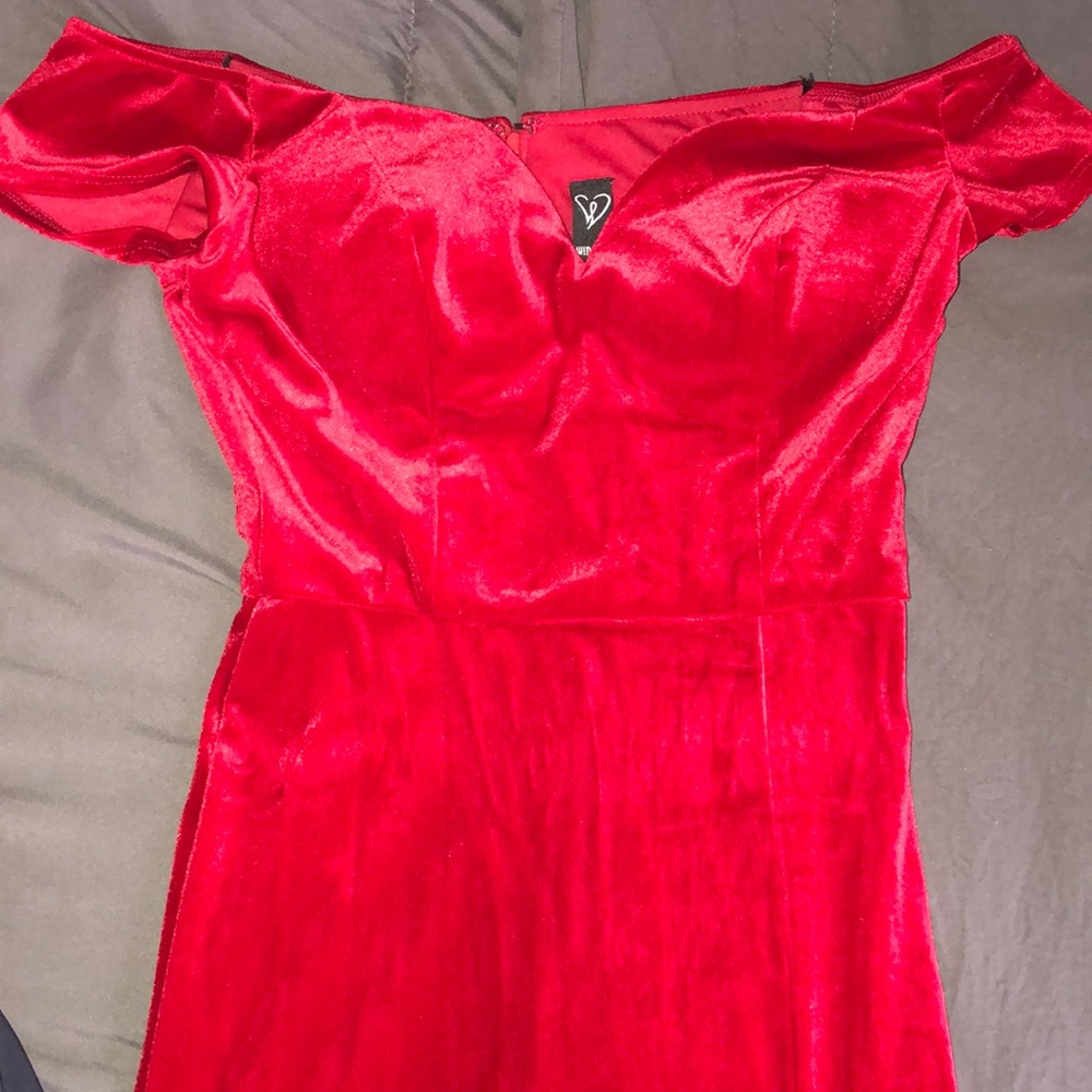 Red velvet off the shoulder dress